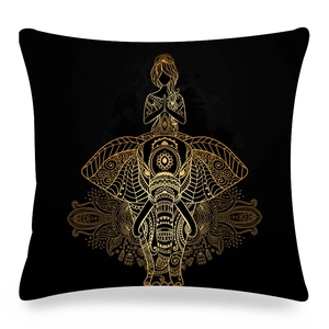 Mandala pattern black and gold square cushion cover with zen elephant and hands design