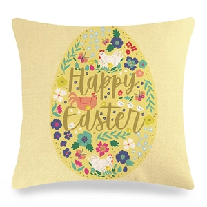Close-up of Easter linen pillowcase with floral egg pattern and Happy Easter text