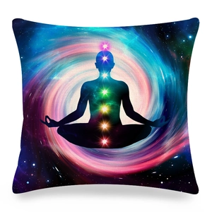Detailed texture of linen mandala cushion cover featuring seven chakra meditation yoga art