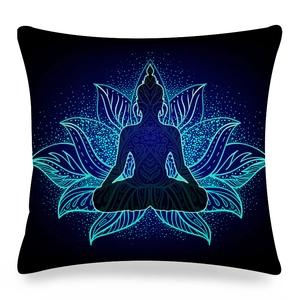 Detailed blue neon Buddha and lotus print on black linen meditation pillow cover