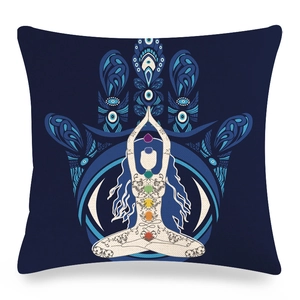 Detailed texture of blue linen Mandala pillow cover with Hamsa Hand and Chakra design