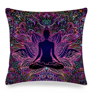 Detail of colorful neon Mandala pillow cover featuring meditation silhouette and lotus art