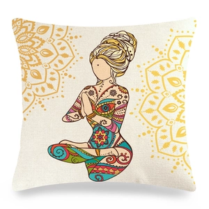 Square linen mandala pillow cover with a meditating woman yoga illustration on beige fabric