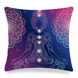 Macro detail of Mandala chakra yoga cushion cover with purple gradient mandala patterns