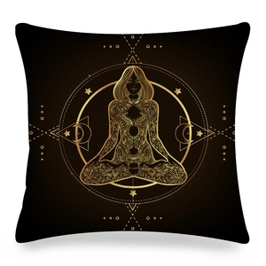Detail view of gold mandala print with meditating goddess on black linen cushion cover
