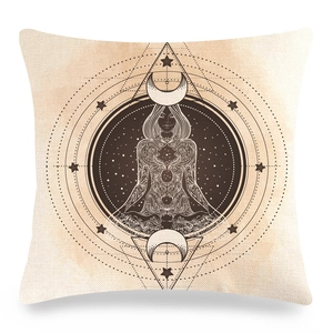 Detailed texture of bohemian linen pillowcase featuring mystical mandala print