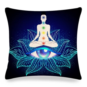 Macro view of blue mandala linen cushion cover showing meditation chakra and lotus pattern