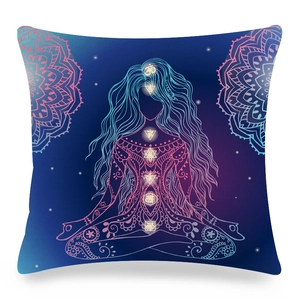 Detailed fabric texture of mandala pillow cover featuring yoga chakras on navy blue