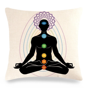 Mandala linen pillow cover with Seven Chakras meditation silhouette for yoga decor