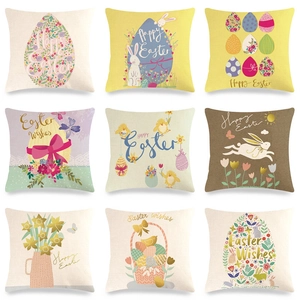 Easter Pillow Case Linen Cushion Cover Bunny Egg Flower Print Spring Home Sofa Decorative Square
