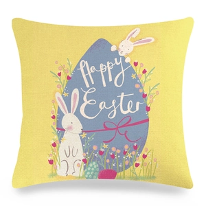 Bright yellow linen Easter pillow case with colorful eggs, white bunnies and flowers