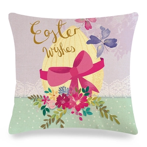 Easter Wishes linen pillow cover with floral egg and pink bow design on polka dot background