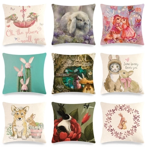 Easter Rabbit Linen Pillowcase Decorative Cartoon Animal Floral Cushion Cover For Sofa Living Room Home Decor Square Case