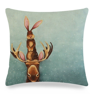 Easter linen pillowcase with cute hand-painted cartoon bunny and moose illustration