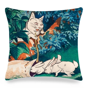 Square linen pillowcase featuring a vintage cat and rabbit illustration in the forest