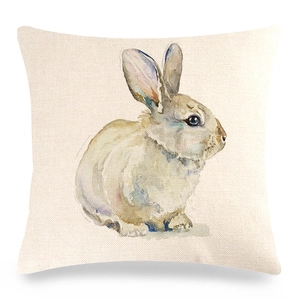 Easter bunny linen pillowcase with watercolor rabbit and floral wreath on beige fabric