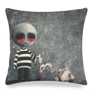 Close-up of gothic linen cushion cover showing coarse fabric texture and stripe artwork
