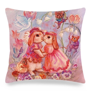 Macro detail of linen texture showing artistic kissing bunnies and floral patterns