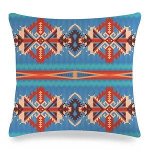 Close-up of geometric bohemian pattern and fabric texture on linen pillow case