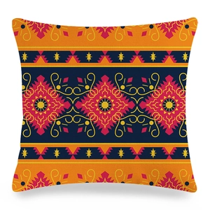 Detailed close-up of ethnic geometric pattern on linen cushion cover fabric