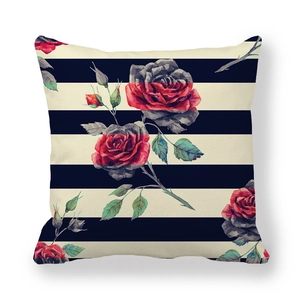 Square linen pillowcase featuring black white stripes and red watercolor rose floral pattern