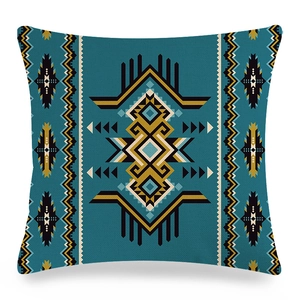 Detailed texture of geometric linen pillowcase with bohemian tribal patterns in teal