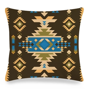 Tribal geometric linen pillow case with colorful diamond patterns on dark brown background
