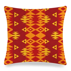Vibrant red and orange tribal geometric pattern linen throw pillow cover for home sofa