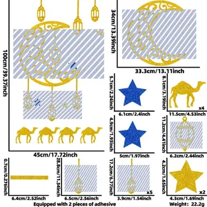 Autocollants muraux Ramadan pailletés or et bleu avec détails des dimensions du décor