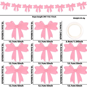 Pink felt bow banner set with 8 bows and 3m rope showing exact product dimensions