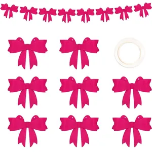 Size chart showing 3M pink bow banner dimensions and 8-piece party decoration specifications