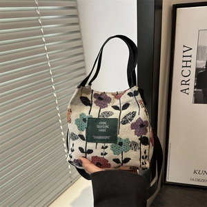 Vintage Jacquard Mini Tote Bag Floral Butterfly Pattern Canvas Bucket Bag Small Shoulder Handbag With Adjustable Strap For Women