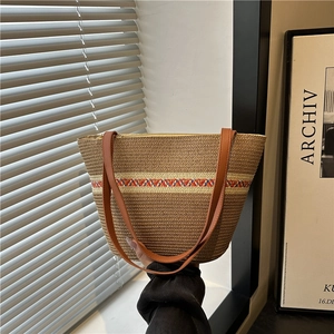 Damen Stroh-Tote-Tasche Handgewebte Strandurlaub Schultertasche Große Kapazität Sommer Reise Lässige Ethnische Streifen Handtasche
