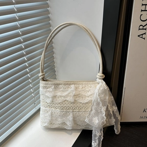 Elegant White Lace Crossbody Bag For Women Sweet Bow Shoulder Bag Romantic French Style Large Capacity Handbag Tote For Daily