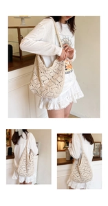 Detail of cream crochet hobo bag showing hollow diamond knit pattern and texture