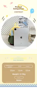 Detailed size chart for nylon backpack with 22x12x32cm dimensions and iPad comparison