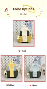 Detailed view of color block casual backpacks with plush charms and side pockets
