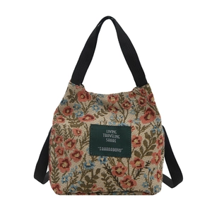 Floral canvas tote bag with large capacity and vintage jacquard fabric for daily use