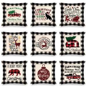 Christmas Buffalo Plaid Linen Pillowcase Farmhouse Red Truck Reindeer Decorative Throw Cushion Cover For Xmas Home Decor