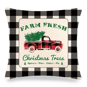 Christmas buffalo check linen pillow cover with red truck and farm fresh tree design