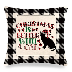 Christmas buffalo plaid linen pillow cover with black cat silhouette and festive quote