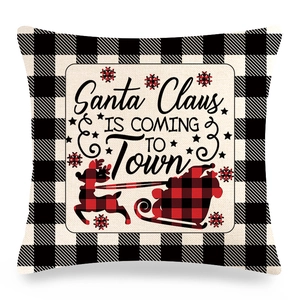 Christmas buffalo plaid linen pillowcase with Santa Claus sleigh and reindeer silhouette