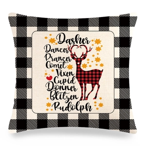 Christmas buffalo plaid linen pillowcase with reindeer silhouette and name list print