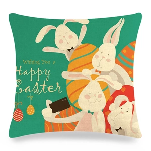 Detail of linen Easter pillowcase texture with bunny print and Happy Easter text