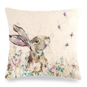 Detailed texture of linen Easter pillowcase featuring watercolor bunny and floral pattern