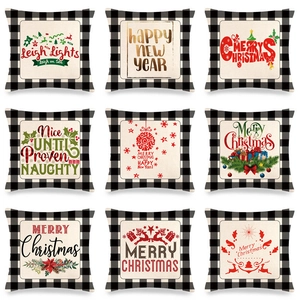 Linen Christmas Throw Pillow Case Buffalo Plaid Cushion Cover Merry Christmas Letter Print Square Decorative Pillowcase For Sofa Home