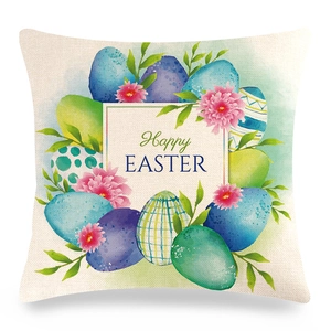 Dettaglio federa in lino pasquale con scritta Happy Easter e stampe floreali ad acquerello