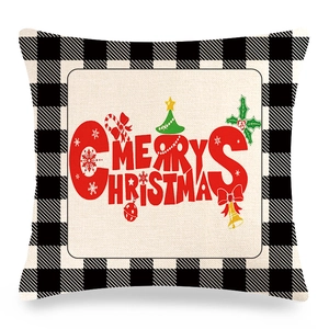 Christmas buffalo plaid linen pillow cover with Merry Christmas text and holiday elements