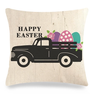 Detail of Happy Easter linen pillowcase with vintage truck and colorful eggs print
