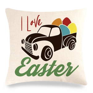 Macro detail of Easter linen pillowcase showing vintage truck and colorful eggs print
